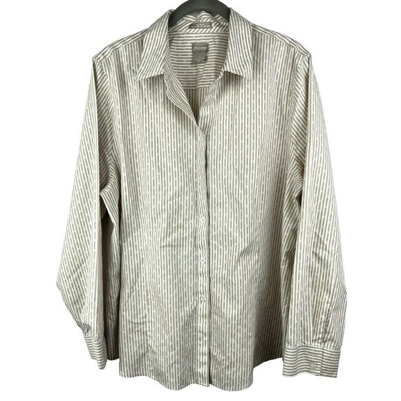 Chicos Women's Shirt 3 US XL Tan White No Iron CoolMax All Season Stripe Dot - Picture 1 of 7